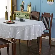 QsyyHome Lattice Oval Tablecloth Rustic Embroidery Cotton Linen Fabric Grey Checkered Table Cover Tablecloths for Kitchen Dining Party Tabletop Decoration 60 x 84 inches
