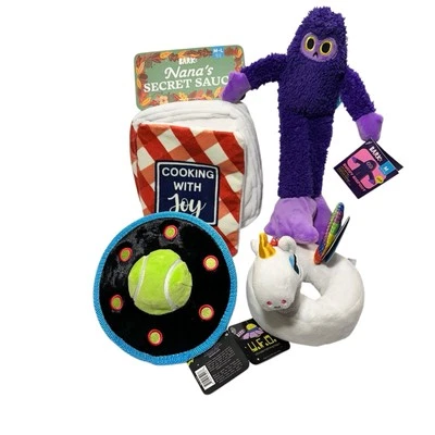 Bark Box Lot Of 4 Dog Toys - Alie UFO-Bigfoot -nanas Secret Sauce & A Unicorn