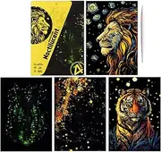 Scratch Paper for Kids | Luminous Set of 4 Handmade Scratch Painting Cards,Craft Art Supplies, A4 Size Coloring Drawing, Graffiti Cards Toys, Landscape and Animal Art