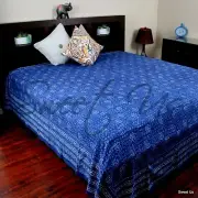 Cotton Hand Block Print Bedspread Queen Bedsheet Tablecloth Tapestry Indigo Blue