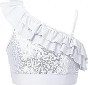 [Aislor] Girls Kids Shiny Sequined Dance Crop Top Asymmetrical Shoulder Straps Ruffle Jazz Modern Dance Top