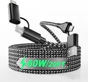 4 in 1 USB C Cable 60W 20FT Lightning Cable - Fast Charging Nylon Braided Data Sync MFi Certified, Long iPhone Charger for iPhone iPad Charger Cord Multi Charge Cable with Lightning/Type C/USB A Port