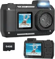 Anlayliay Waterproof Camera 4K 65MP Underwater Camera with 64G Card, for Snorkeling Autofocus Selfie Dual-Screen Black