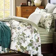 [USTIDE] Shabby Floral Bedding Set 3-Piece Farmhouse Cotton Duvet Cover Set King Green and Beige Striped Duvet Set Reversible Quilt Cover with 2 Pillowcases,No Comforter