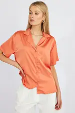 Brown Satin Shirt Short Sleeve - Size 14, Women's Shirt