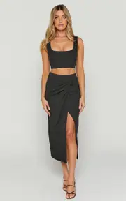 Gibson Two Piece Top and Skirt Set - Linen Crop Top and Knot Front Midi Skirt Set in Black