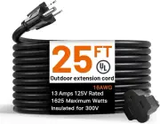 25 Feet Outdoor Extension Cord Waterproof Deep Black 16 AWG 3 Prong, Flexible Lo