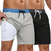 [ATOFY] Mens Swim Trunks with Compression Liner 7 Inch 2 Pack Swim Shorts 2 in 1 Quick Dry Board Shorts Beach Wear, Black Dark Grey+grey Blue, Large