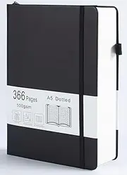 Thick Bullet Dotted Journal with 366 Numbered Pages, A5 Journal for Writing with 100GSM Dot Grid Paper, Hardcover Leather Notebooks for Women Men School Note Taking Office Work Diary, 5.7"x8.3" Black
