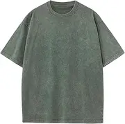 [Zylphorix] Men Round Collar Loose Daily T-Shirts Make Old Short-Sleeved Plain Shirt Summer Classic Comfortable Tees Tops, Navy Green, X-Large