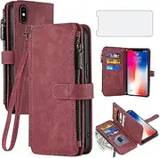 Asuwish Phone Case for iPhone Xs X 10 10s Wallet Cover with Tempered Glass Screen Protector Leather Flip Card Holder Cell Accessories iPhoneX iPhoneXs iPhone10 i PhoneX SX 10x 10xs X’s Women Men Red