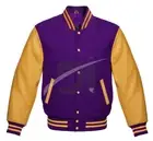 Varsity Letterman Bomber Retro Purple Wool & Gold Real Leather Sleeves Jackets