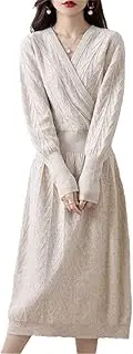 [Zadaos] Women's 100% Cashmere Wool Dress Solid Color V-Neck High-End Slim Long Dress Sweater