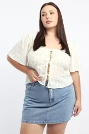 Blue Ditsy Tie Front Top Short Sleeve Lace Trim