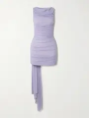 [Maygel Coronel] Maygel Coronel - Entredós Knotted Draped Ruched Stretch-tulle Mini Dress - Lavender - Extended Extended Purple