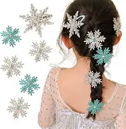 EWEIS 6 Pack Snowflake Hair Clips, Glitter Snowflake Hair Accessories for Girls,Princess Snow Flake Hair Clips&Accessories, Holiday Hair Bows, Kids & Women’s Hair Accessories Set
