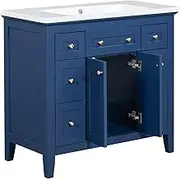 36 Inch Bathroom Vanity with Sink Wood Bathroom Vanity Bathroom Sinks with Cabinets Vanity Cabinet with 6 Drawers & 2 Cabinets, Storage Cabinet for Bathroom, Blue,Blue