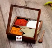 Wooden Storage Spice Masala Box 4 Partition Dry Fruit box Glass Lid on top Spice