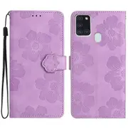 For Samsung Galaxy A21s Flowers Imprint Leather Wallet Case Folding Stand Phone Cover
