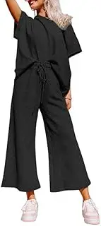 [SHEWIN] Women's 2 Piece Outfits Sweatsuit Casual Short Sleeve Pullover Tops and Drawstring Wide Leg Pants Lounge Sets