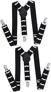 [WRITWAA] 2pcs Y-shape Boy Girl Suspenders with Clip Buckles Black with White Beard Pattern Comfortable Elastic Strap for Boys and Girls for School and Casual Wear