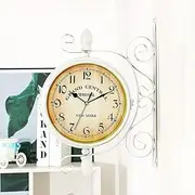 Outdoor Garden Double Sided White Wall Clock, 360° Rotation Retro Metal Silent White Station Clock, Battery Operated Decorative Antique Hanging Clock for Indoor and Outdoor