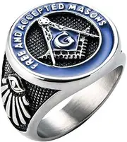 [INRENG] Men's Stainless Steel Vintage Freemason Masonic Biker Rings Blue Free and Accepted Masons Ring Band