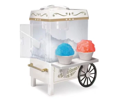 Nostalgia Snow Cone Machine Cart 160 oz. White Side-Shelf 2-Cones Ice Scoop