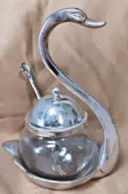 Jam Glass Jar w/ Silver Pltd Swan Shaped Holder & Handled Lid w/Swan Spoon 4 pcs