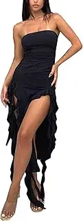 [SALULAYER] Women Strapless Bandeau Tank Bodycon Dress Sexy Backless Split Thigh Ruffle Hem Midi Tube Dress Evening Party Dress, Black, X-Large