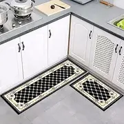 MECOS 2pcs Set Kitchen Rugs Mats Runner Non Skid Washable Super Absorbent Anti Fatigue for Under Sink Entryway (Black Beige)