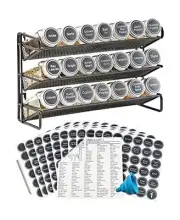 3 Tier Spice Rack Organizer with 21 Empty Spice Jars, 386 Spice Labels, Black