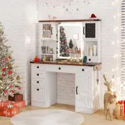 CostwayFarmhouse Vanity Desk with Lighted Mirror Makeup Vanity Table-White