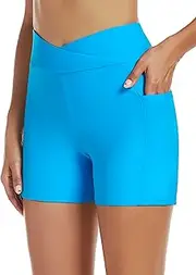 [Tournesol] Women's 5" Swim Shorts High Waisted Swimsuit Bottoms Cross Waist Bathing Suit Swimwear Boy Shorts with Pocket