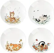 Colias Wing 8 Inch Cat and Flower Pattern Stylish Design Ceramic Salad/Pasta/Fruit/Appetizer/Dessert Dishes Holiday Plates Christmas Dinner Plates-Set of 4-4 Cats-8 Inch