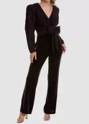 $596 Badgley Mischka Womens Purple Velour Crinkled Belted Waist Jumpsuit Size 10