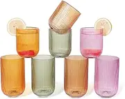 Set of 8 Dopamine-Colored-Matching Ribbed Glassware,4 Highball Glasses 14oz & 4 Rocks Drinking Glasses 9oz, Art Deco, Fluted Design, for Iced Coffee, Water, Wine, Whiskey, Juice, Gift
