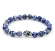 Stretchy 7.5 in 8 mm Sodalite Blue bracelet with Hamsa charm and evil eye bead