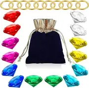 [Skidwedy] 25Pcs Acrylic Diamond Gemstone Jewelry Gold Circular Ring Set, Alloy Hunting Chaos Emeralds Power Ring with Gift Bag for Cake Decor Ring Pirate Treasure Hunting Birthday Party Favor Supplies