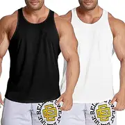 [Agilelin] Men's Workout Stringer Tank Top, Quick-Drying Mesh Shirt, Stretch Gym Muscle Shirts, Training Sports Shirts, Black Solid Colour/White Solid Colour, XL