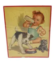 Vintage Charlotte Becker Baby, Cat & Dog Puzzle by Walzer Sealed 1940's Art