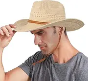 [Ylucky] Unisex Straw Cowboy Cowgirl Hat Shapeable Floppy Sun Hat Wide Brim Fedora Panama Cap Summer Fishing Cap
