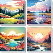 MOGTAA 4 Pack Landscape Painting by Numbers with Frame, Mountains and Rivers Painting by Numbers Set Adults Children, DIY Oil Painting Canvas Set, Acrylic Painting by Numbers for Home Decoration Gift