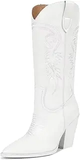 [ISNOM] Cowgirl Boots for Women, Embroidered Pointed Toe Chunky Heel Western Boots