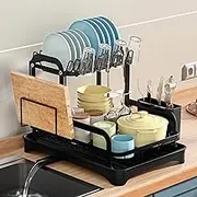 Dish Drying Rack, 2-Tier Dish Racks for Kitchen Counter, Dish Rack with 360° Drainboard, Kitchen Drying Rack for Tableware/Knifes/Cup/Cutting Board