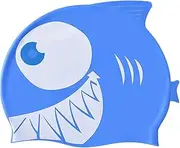 Iouyjiu Kids Swim Cap, Silicone Bathing Hat, Cartoon Shark Design, Waterproof Ear Protection Stretch Fit Comfort Blue Ideal for Pool and Beach Use, 8.27 x 7.68 inches