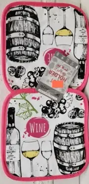 2 SAME PRINTED KITCHEN POT HOLDERS(7"x7") WINE BOTTLE,GLASSES,BARREL & GRAPES,HS