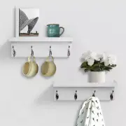 White Wall Mounted Coat Rack with Shelf Entryway Hanging Shelves with 4 Double H