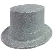 GLITTER TOP HAT Fancy Party Plastic Costume Tall Cap Fun Dress Up Sparkle - Silver
