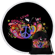 Colorful Retro Sign Peace Love and Joy Round Beach Towel